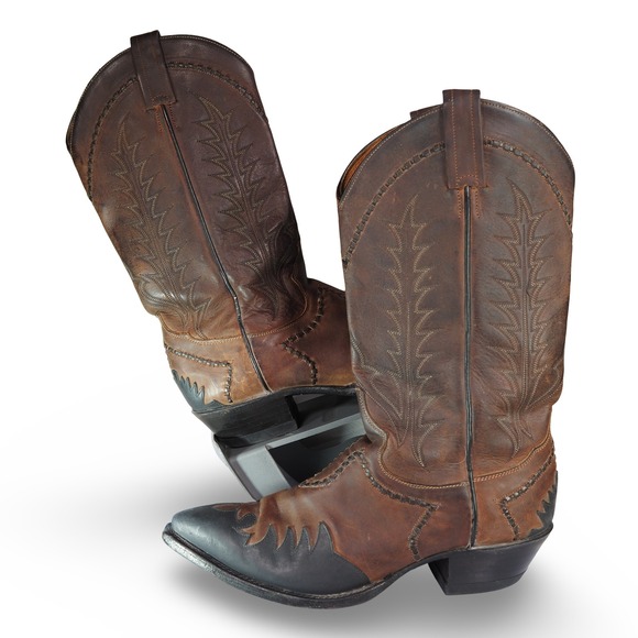 Tony Lama Men's 9D Brown Black Leather Western Cowboy Boots Two Tone Pointed Toe